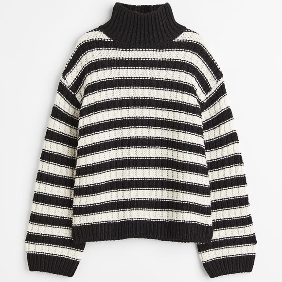Black Striped Oversized Mock Turtleneck Sweater - Picture 1 of 3